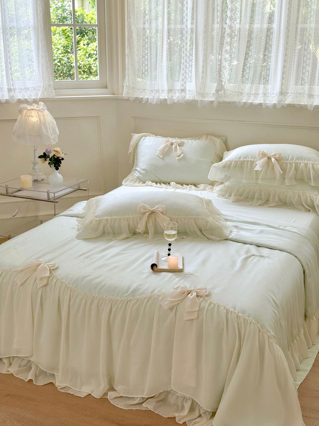 Pure Color Ruffles Princess Style Summer Quilt Tencel Summer Cooling Duvet Airable Cover Four-piece Set Pi-Mart