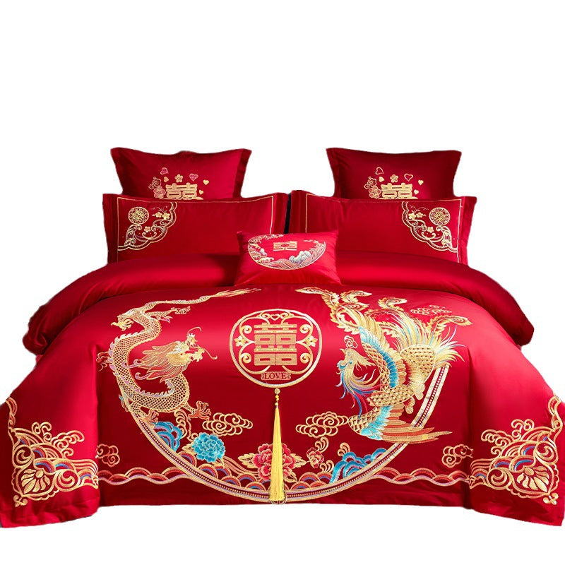 Red Wedding Four-piece Set Wholesale Cotton Wedding Embroidery Bedding Pure Cotton Marriage Bed Xi Quilt Cover Dragon And Phoenix Pi-Mart