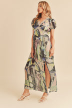 Lace Detail Slit Geometric Print Short Sleeve Maxi Comfortable Dress For Women, Elegant Lace, Alluring Slit, Sophisticated Geometric Print for Casual & Dressy Occasions Stevvex