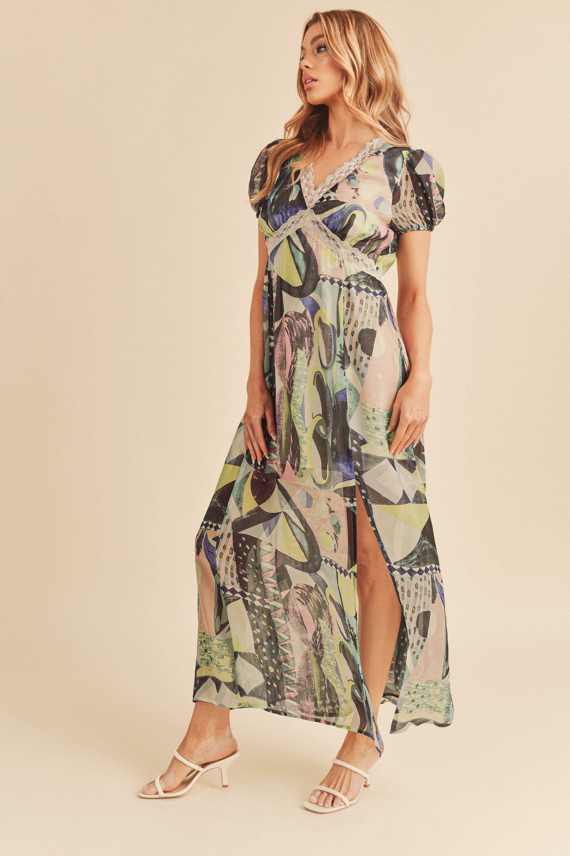 Lace Detail Slit Geometric Print Short Sleeve Maxi Comfortable Dress For Women, Elegant Lace, Alluring Slit, Sophisticated Geometric Print for Casual & Dressy Occasions Stevvex