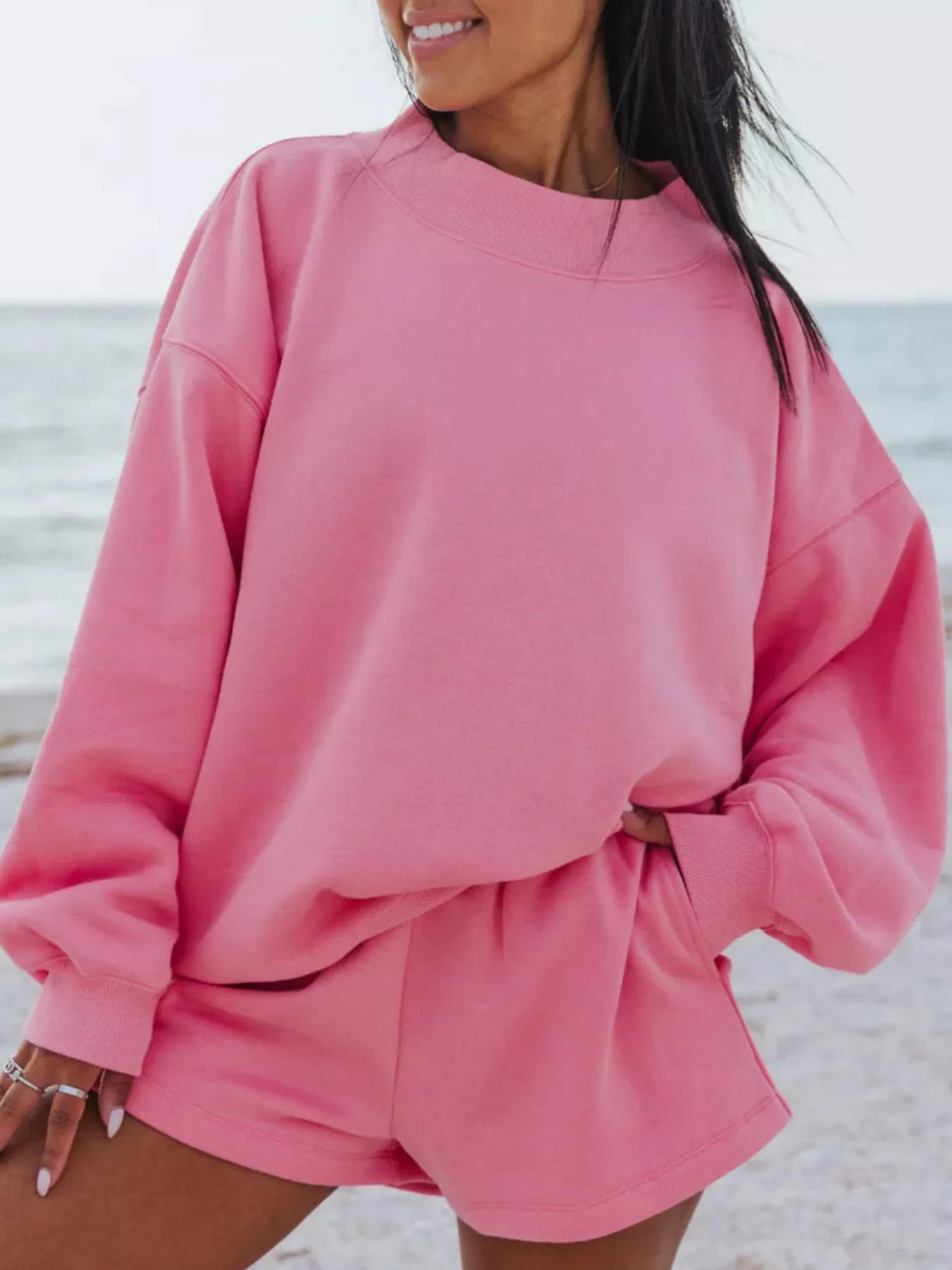 Relaxed Fit Round Neck Sweatshirt and Shorts Set THRIXINE