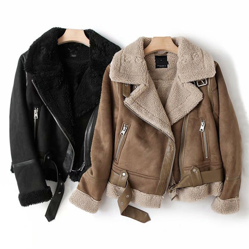 WInter Lapel Jacket Suede Lamb Wool Warm Coat Motorcycle Clothing Women Outwears Pi-Mart