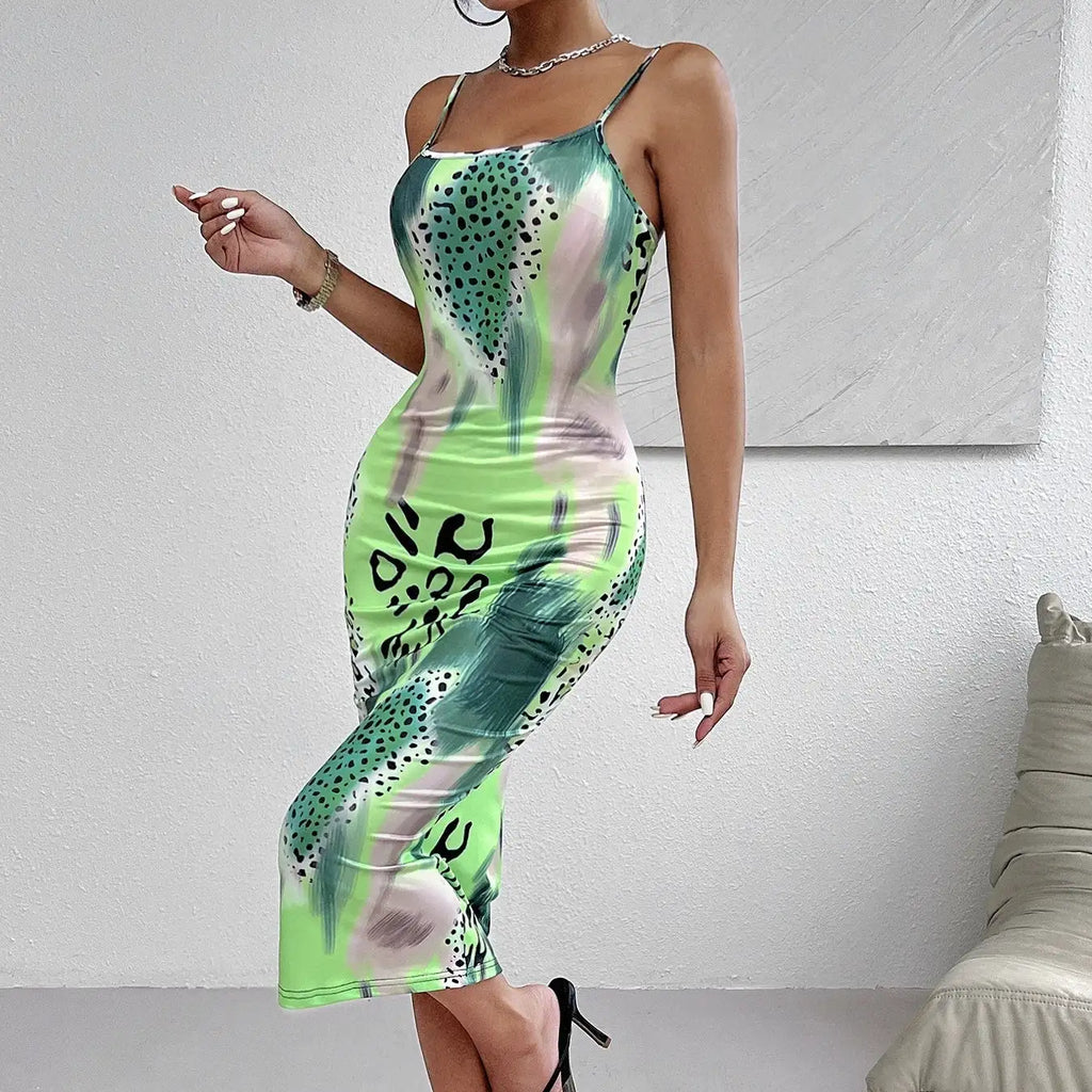Ladies' Leopard Print Cross Shoulder Strap Backless Dress With A Banquet Vibe, Out Of The Street Fashion Bag Arm Long Skirt - SJB-DIAMOND ELITES
