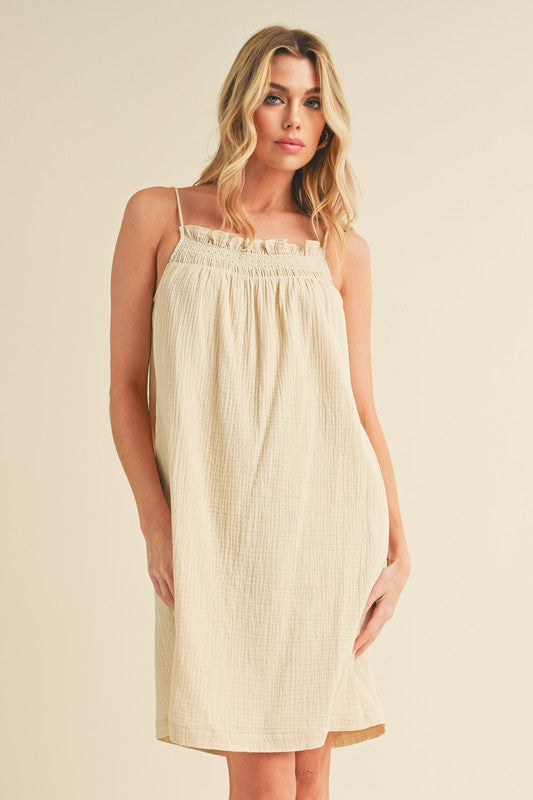 Embroidered Trim Gauze Square Neck Mini Cami Dress For Women – Feminine, Elegant & Stylish with Delicate Details Stevvex