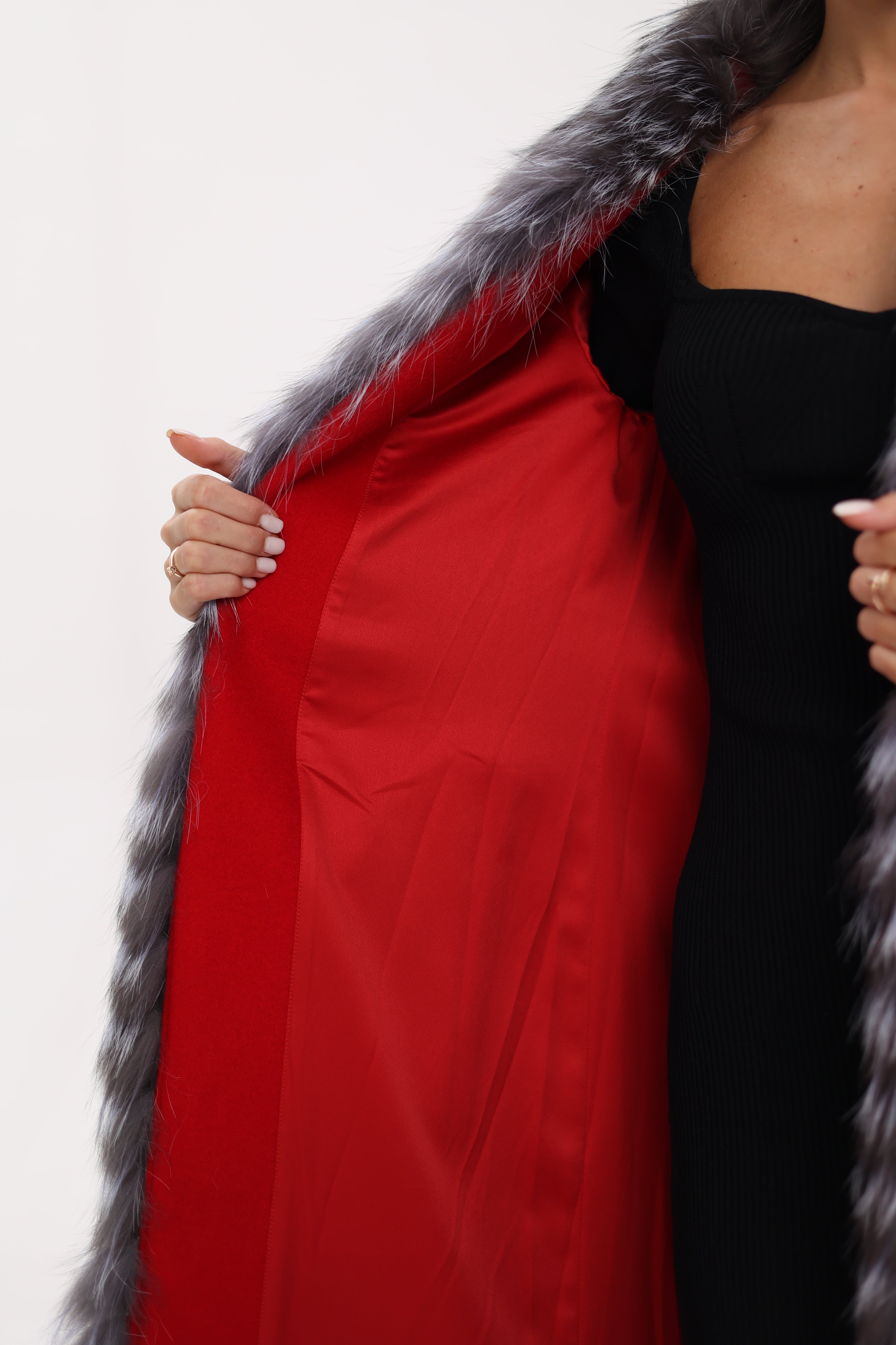 Genuine Silver Fox Virgin Wool Wrap Coat in Red - SJB-DIAMOND ELITES