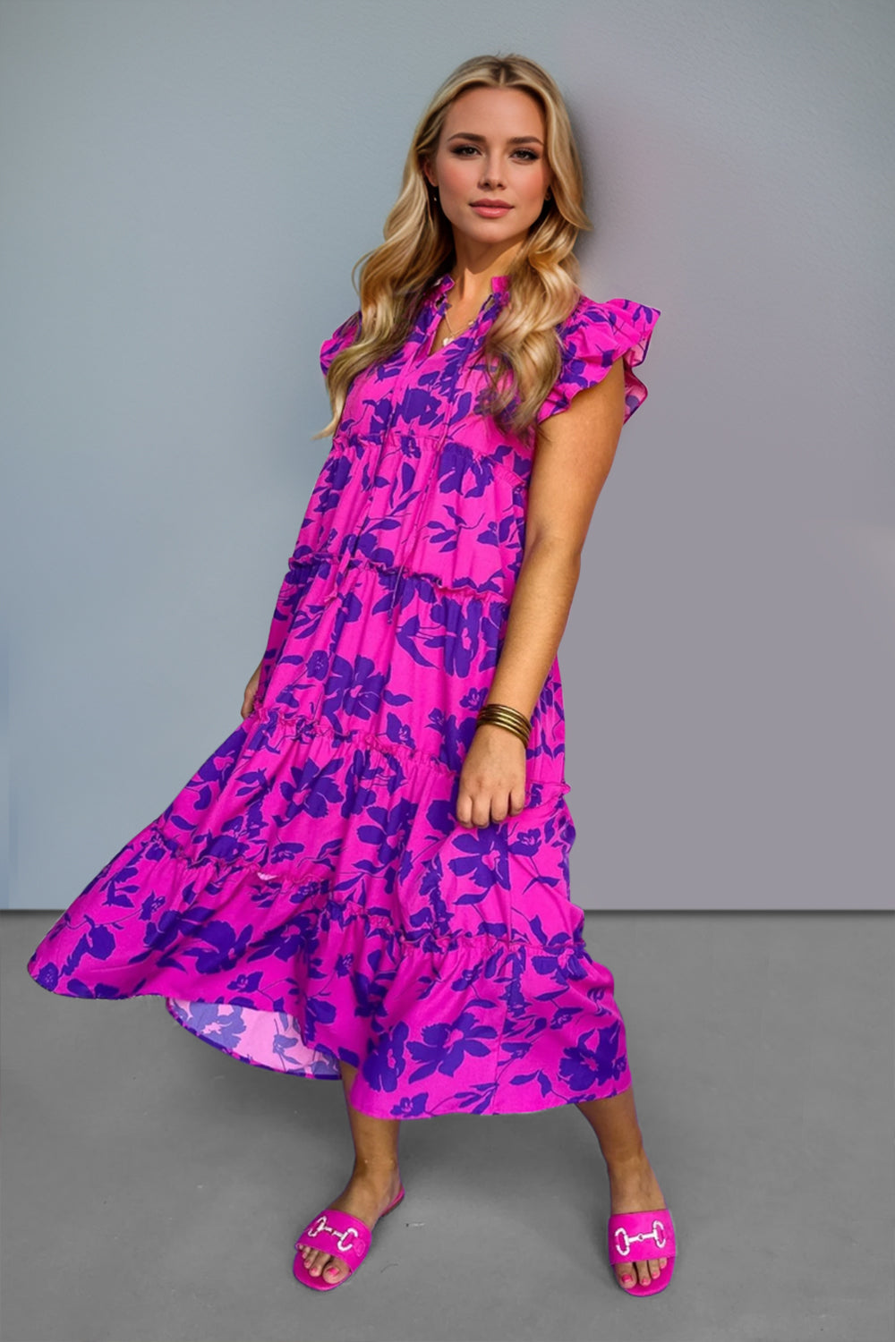 Full Size Ruffled Printed Sleeve Midi Dress Elegant & Beautiful Design Red-Violet Dress Stevvex
