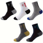 5 Pairs Men'S Athletic Crew Socks, Moisture-Wicking Knit Fabric, Solid Color, Polyester 75%, Spandex 25%, with Embroidered Badge, for Hand Wash Only, Sweat-Resistant Lootquake LLC