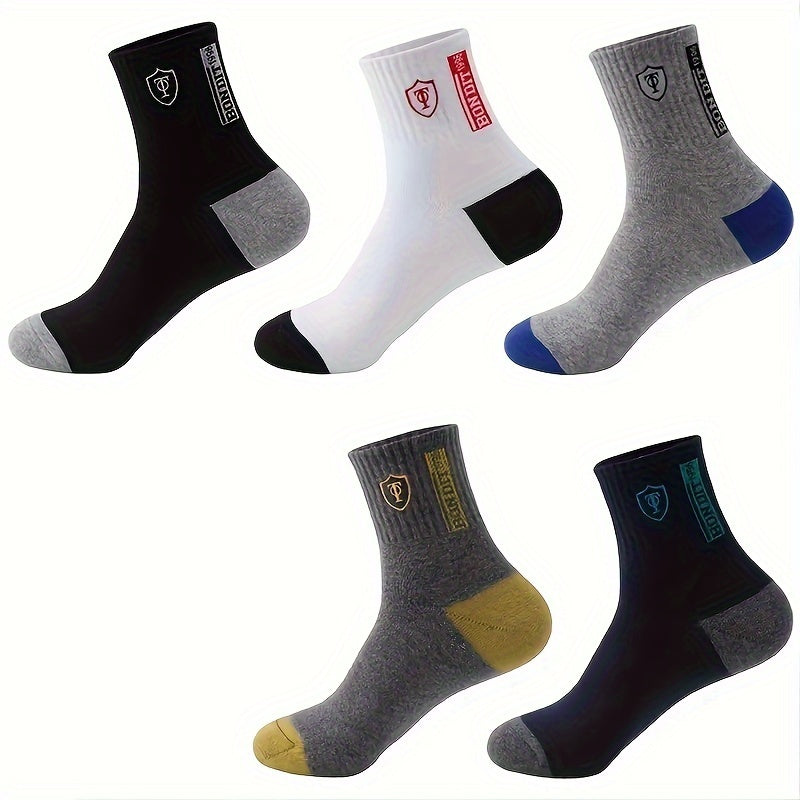 5 Pairs Men'S Athletic Crew Socks, Moisture-Wicking Knit Fabric, Solid Color, Polyester 75%, Spandex 25%, with Embroidered Badge, for Hand Wash Only, Sweat-Resistant Lootquake LLC