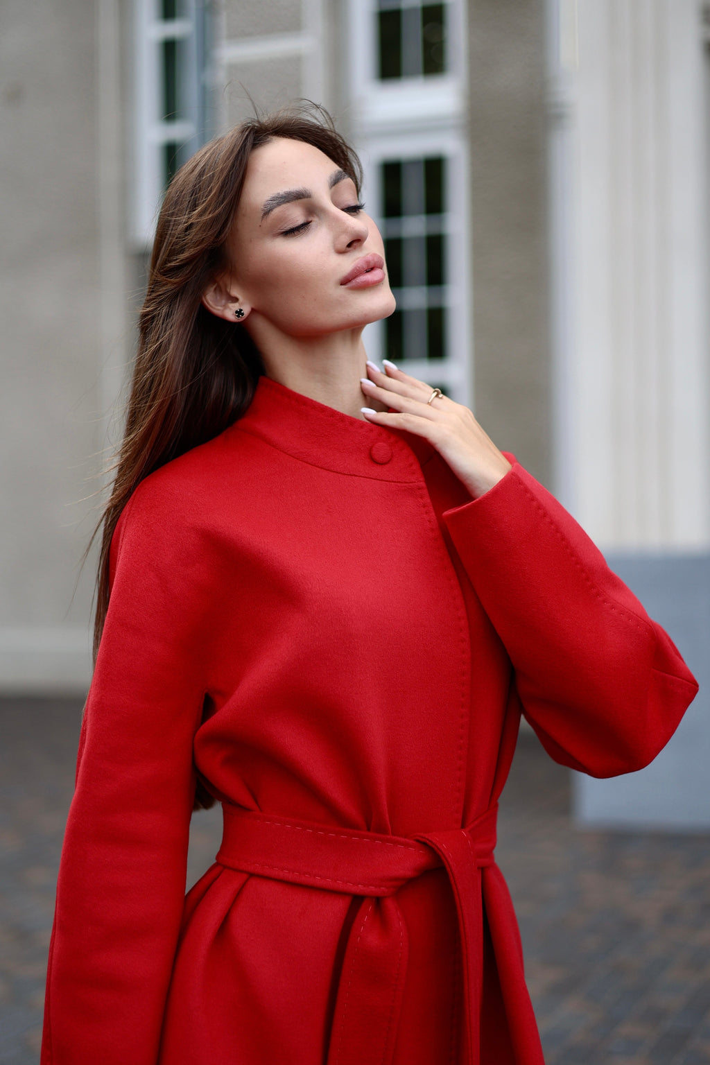 Band Collar Wool Blend Coat in Autumn Red - SJB-DIAMOND ELITES