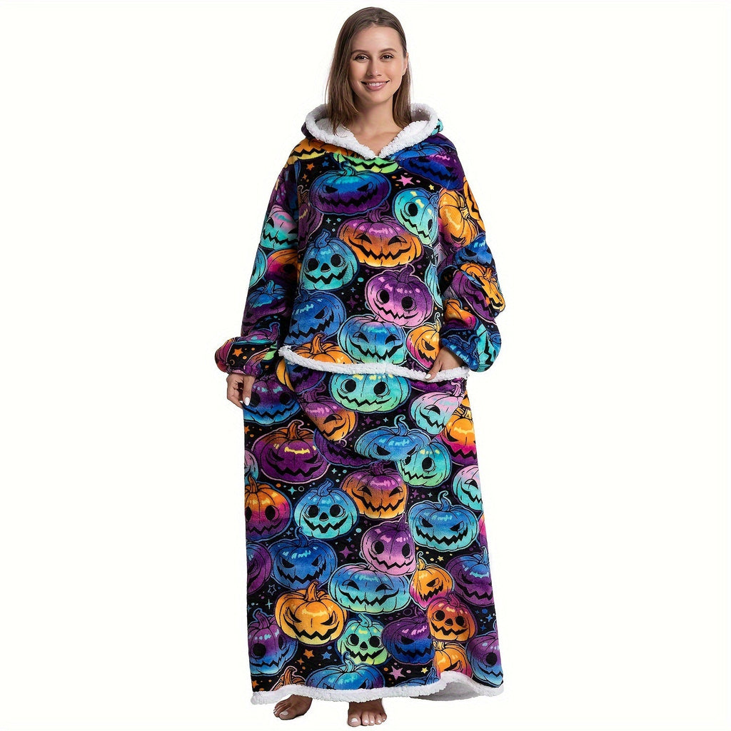 1pc Extra Long Oversized Cat Print Sherpa Fleece Hooded Blanket Sweatshirt - Ultra Soft, Warm, Wearable, Machine Washable, and Industrial Style - Perfect Gift for Women and Men Adults Lootquake LLC