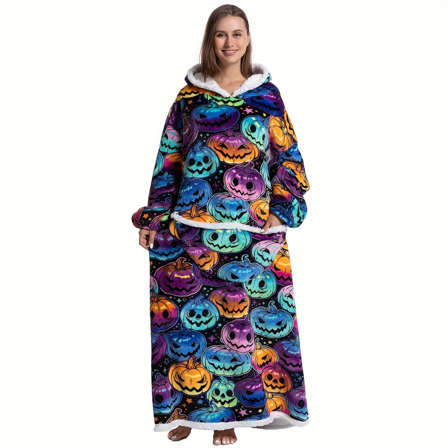 1pc Extra Long Oversized Cat Print Sherpa Fleece Hooded Blanket Sweatshirt - Ultra Soft, Warm, Wearable, Machine Washable, and Industrial Style - Perfect Gift for Women and Men Adults Lootquake LLC