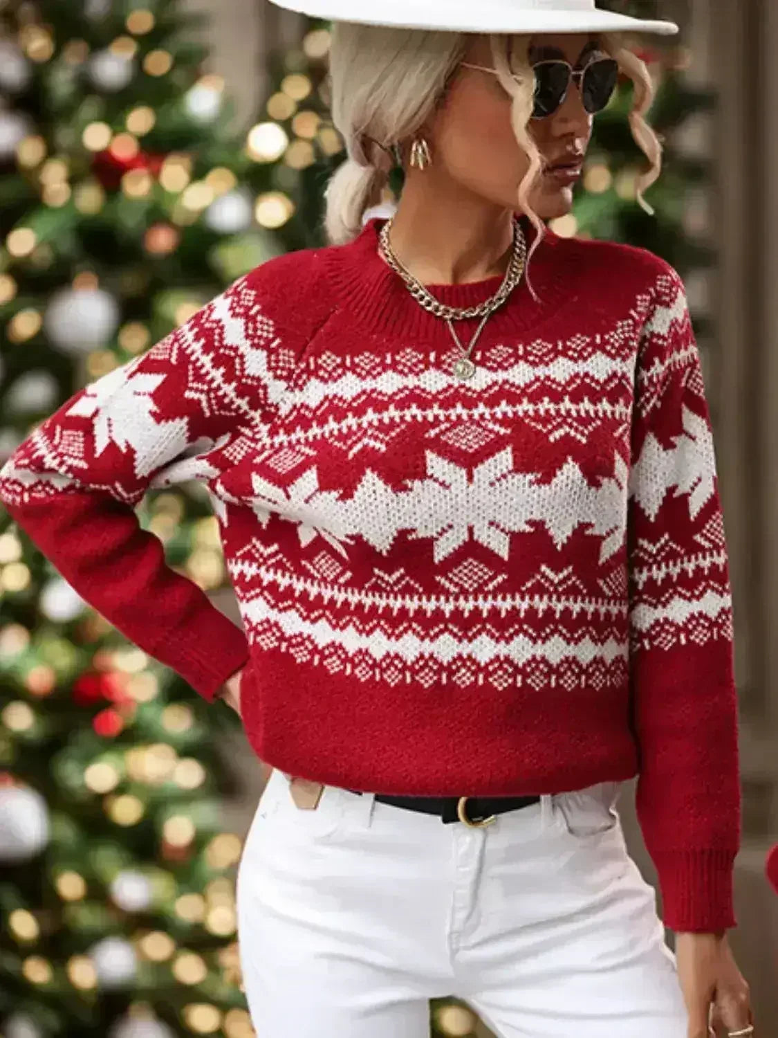 Perfee Geometric Round Neck Long Sleeve Sweater - SJB-DIAMOND ELITES