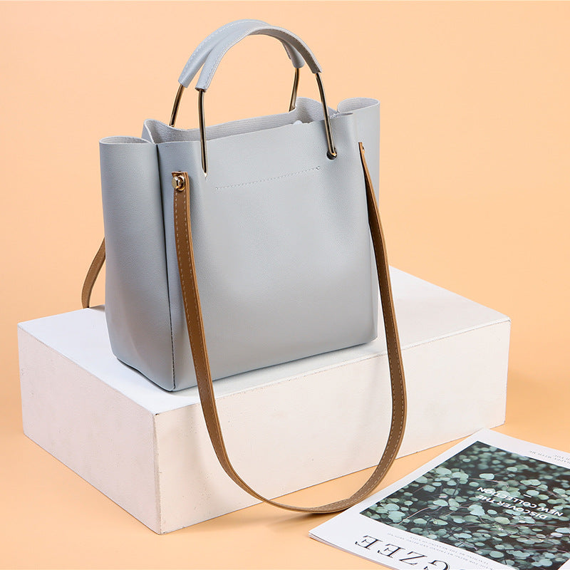 Bag Women Summer New Korean Pure Color Women's Handbag Metal Handle Leisure Shoulder Bag Women's Bag Pi-Mart