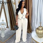 Doyerl Vintage Elegant 2 Piece Sets Woman Outfit Workwear Patchwork Double-breasted Vest Top and Wide Leg Pants Matching Sets Purplish Diva