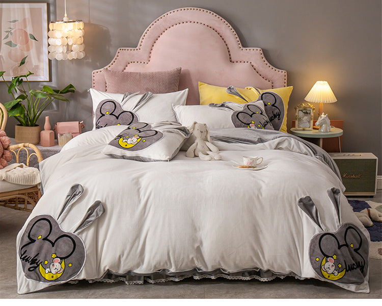 Coral Velvet Padded Warm Duvet Cover Princess Wind Bed Skirt Pi-Mart