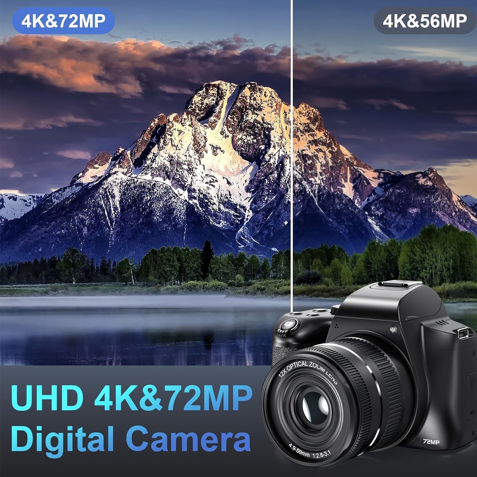 Cameras for Photography, 12X Optical Zoom 4K Digital Camera, 72MP Vlogging Camera with 270° Flip Screen, Battery, Battery Charger, 64GB SD Card, Card Reader Lootquake LLC