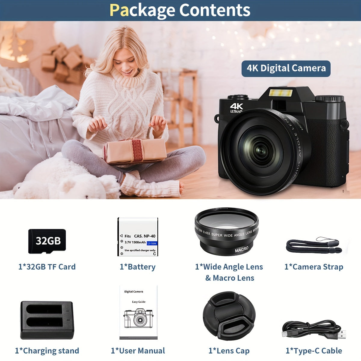4K Digital Camera for Photography Auto-Focus 56MP Vlogging Camera, Support 16X Digital Zoom 3 Inch 180° Flip Screen, Comes with 52mm Wide Angle & Macro Lens and 32G Memory Card a 1500mAH Battery Lootquake LLC