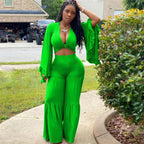 Casual Spring And Autumn For Women's Solid Color Long Sleeved Chest Wrap Top and Wide Leg Trousers Female Office 2 Piece Set Purplish Diva