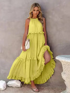 Ruffled Sleeveless Tiered Maxi Dress with Pockets