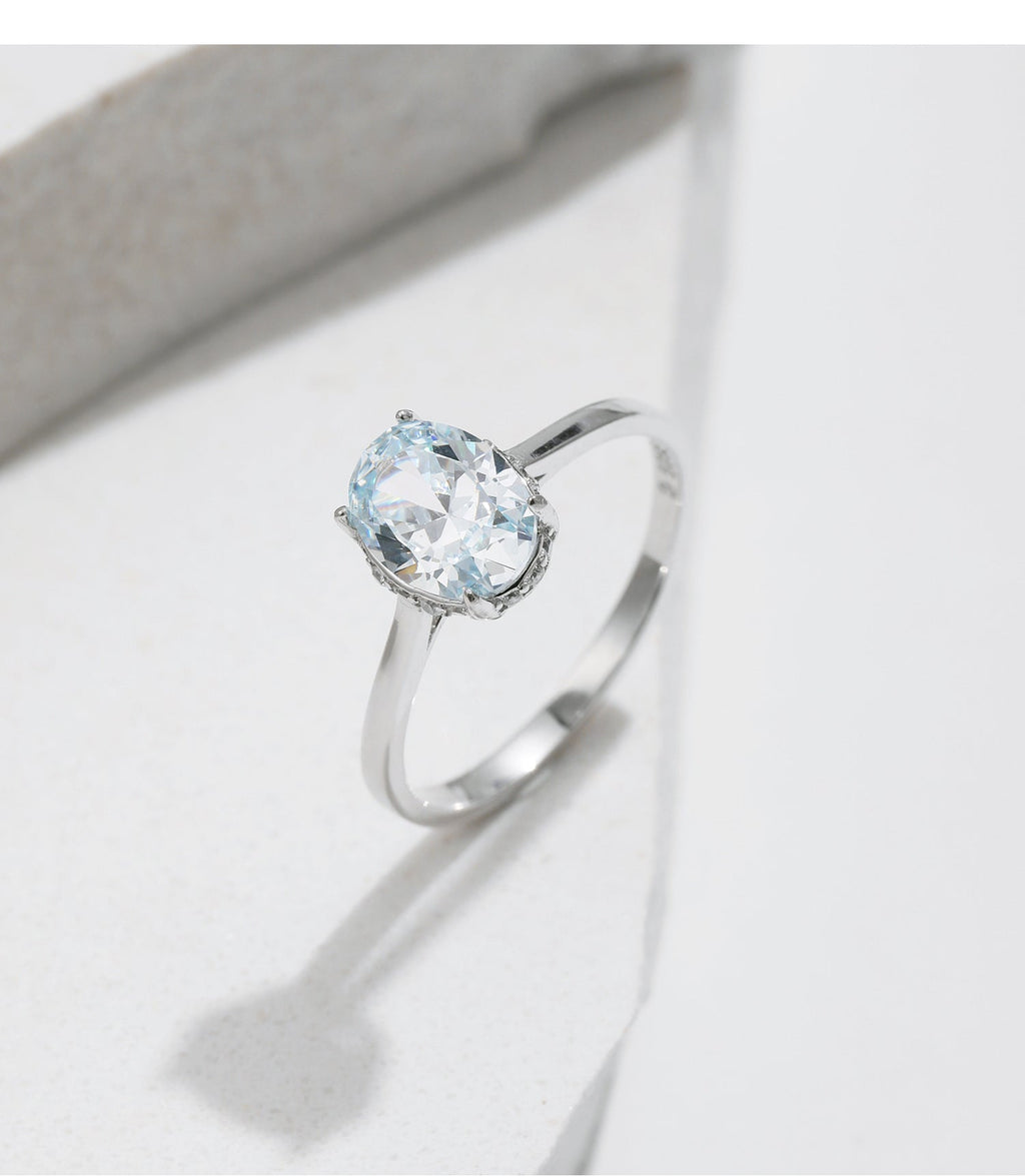 S925 Sterling Silver Light Ocean Blue Diamond-studded Ring Pi-Mart
