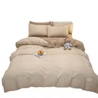 Pure Color Washed Cotton Four-piece Set Of Plaid Striped Sheets Quilt Cover Bedding Pi-Mart