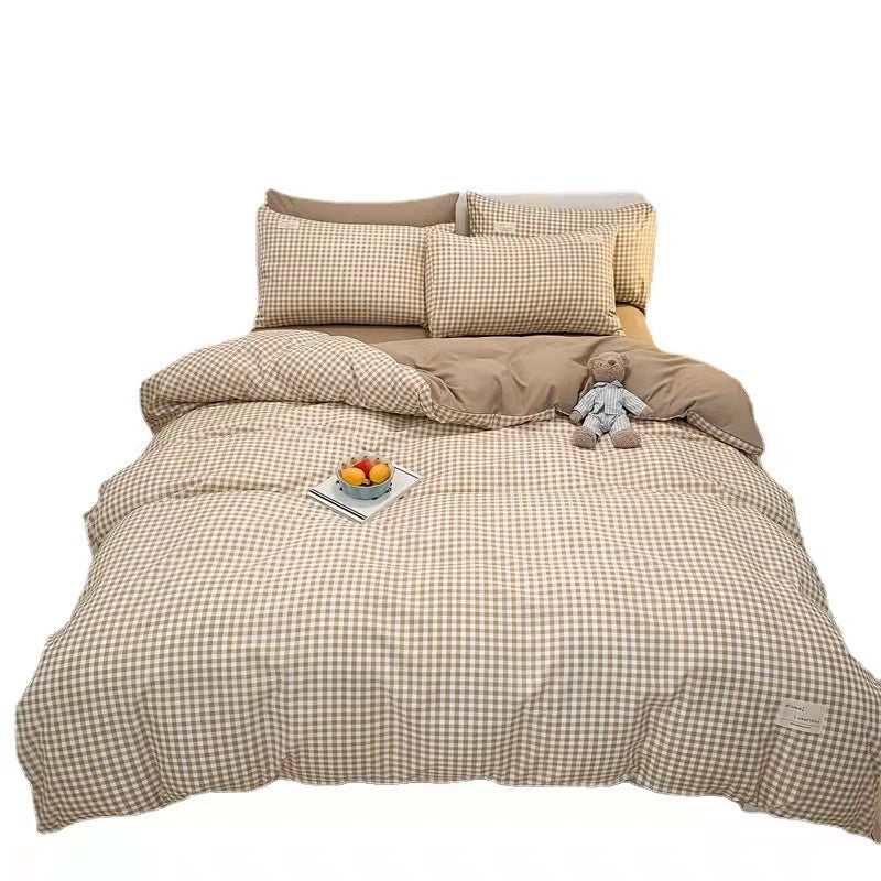Pure Color Washed Cotton Four-piece Set Of Plaid Striped Sheets Quilt Cover Bedding Pi-Mart