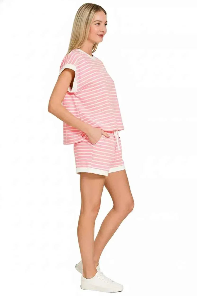 Zenana Stripe Contrast Trim Top & Shorts Set THRIXINE