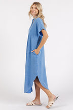 Mineral Wash V-Neck Button-Up Midi Shirt Dress – Trendy, Casual, Lived-In Look with Classic Button Details for Effortless Style