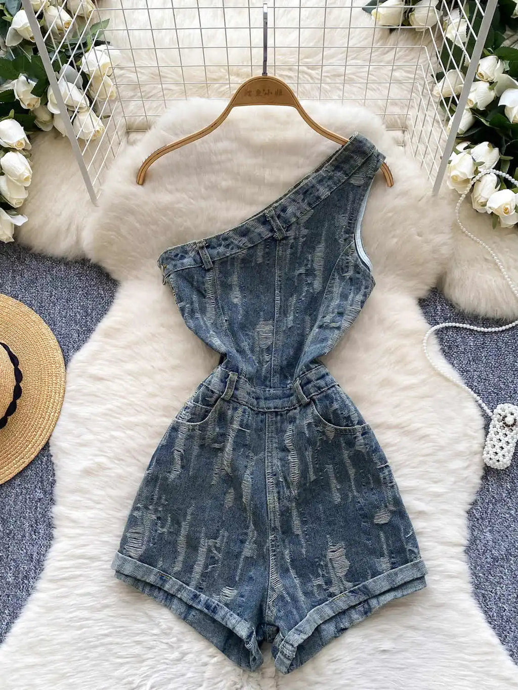 Women's Blue Ripped Denim Shorts Jumpsuits 90s Vintage Playsuits Harajuku Off Shoulder Rompers Jeans Pants Ladies Clothes Summer Purplish Diva