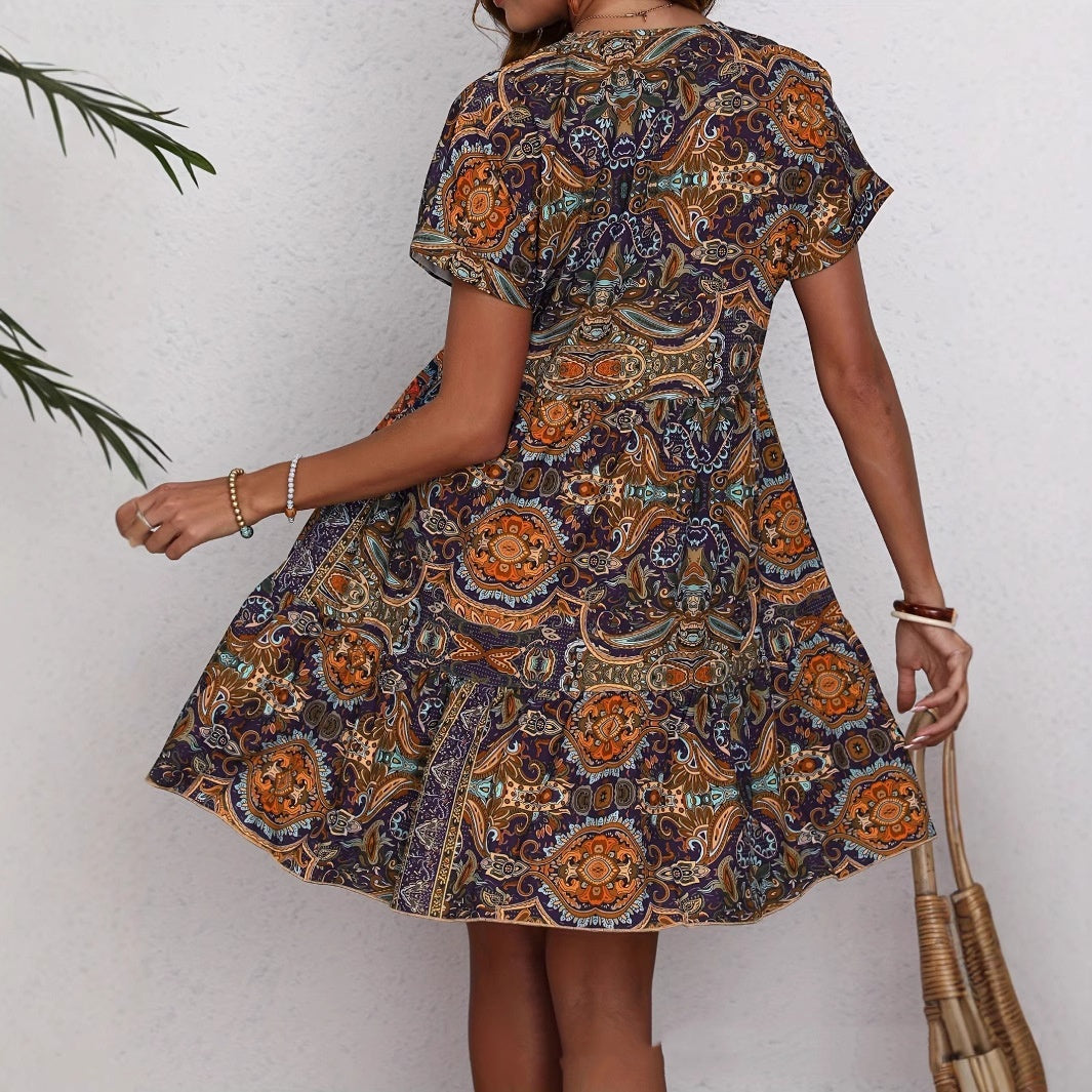 Women's Clothing Printed V-neck Leisure Vacation Style Dress Lootquake LLC