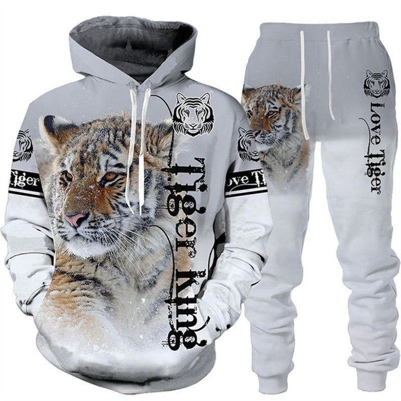 Tiger 3D Print Hooded Men's Sweatshirt Set