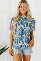 Beige Embroidered Puff Sleeve Frilled Neck Printed Top | Femstylo