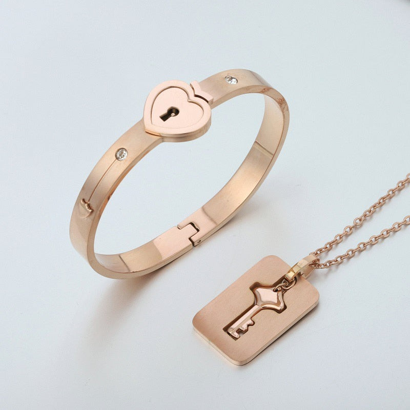 Stainless Steel Love Heart Lock Bangle Bracelet Pi-Mart