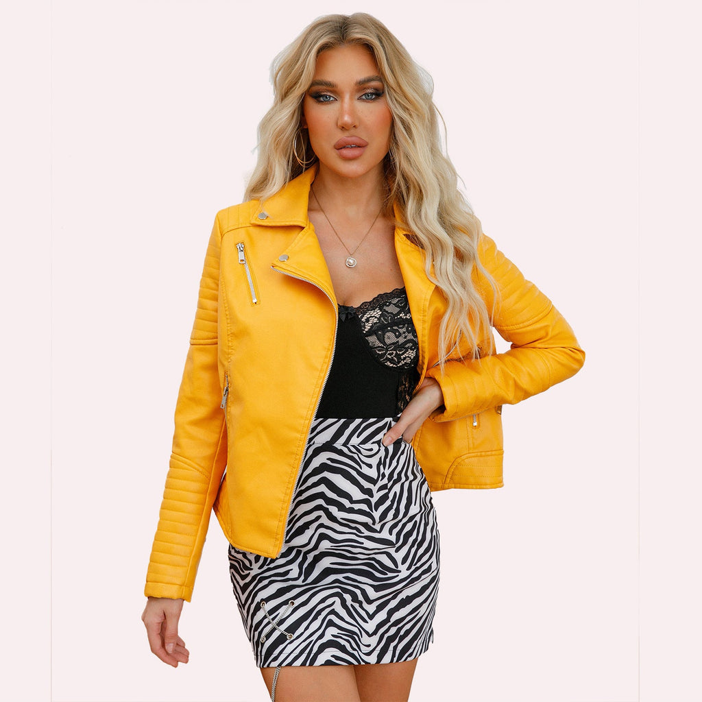 Short Leather Jacket Women's Lapel Motorcycle Oblique Zipper Jacket Pi-Mart