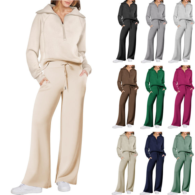 Leisure Sports Suit Long-sleeve Zipper Sweatshirt Wide Leg Pants Two-piece Set Pi-Mart