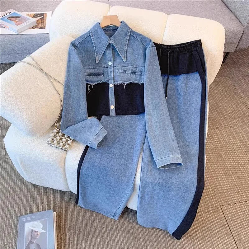 Two Piece Sets Women Pant Set Denim Splice Matching Sets Spring Top Wide Leg Long Pants Casual Loose Lace Up High Waist Jogger Purplish Diva
