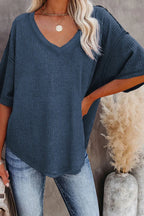 Blue Exposed Seam Drop Sleeve V Neck Waffle Textured Top