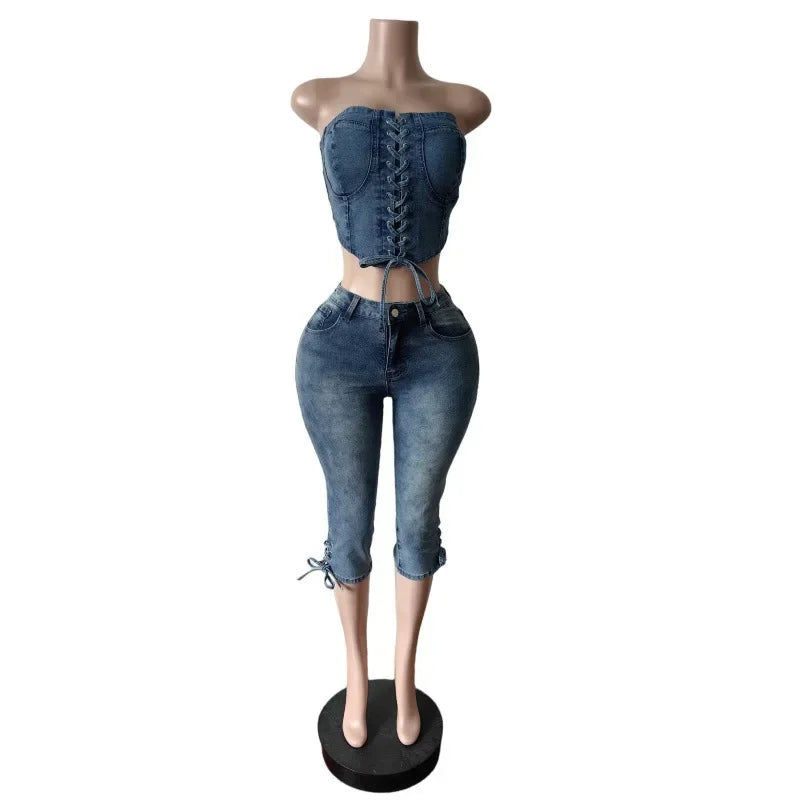 Fashion Sexy Lace-up Crop Jean Tube Top Women's Club Party Elastic Skinny Cropped Jeans Streetwear Two Piece Sets Purplish Diva