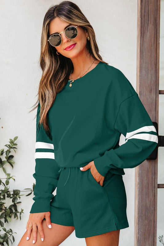 Varsity Stripe Sweatshirt and Short Set THRIXINE