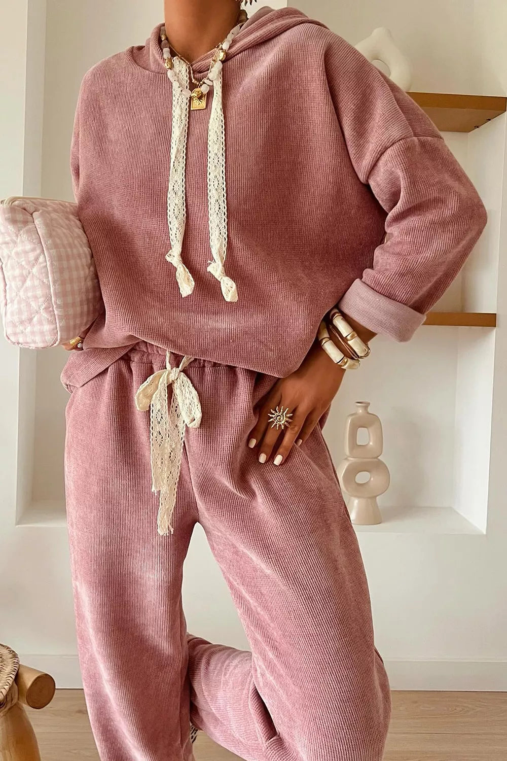 Lace Detail Dropped Shoulder Hoodie and Pants Set THRIXINE