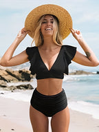 Bikini Black Solid Color Ruffle V Neck 2 Piece Swimsuit for Women – High Waisted Flattering Bikini Set with Lettuce Trim Bottoms – Sleek Stretchy Fabric Swimwear for Beach Days Poolside Style and Summer Vacation Looks