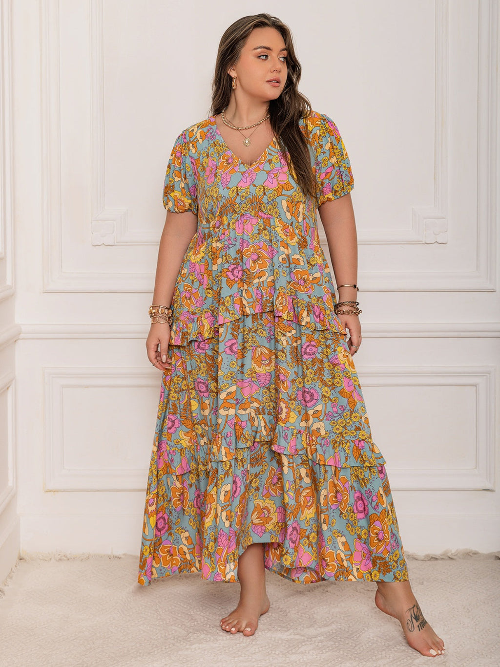 Plus Size Printed V-Neck Short Sleeve Maxi Dress Elegant & Flowy Summer Dress For Girls Stevvex