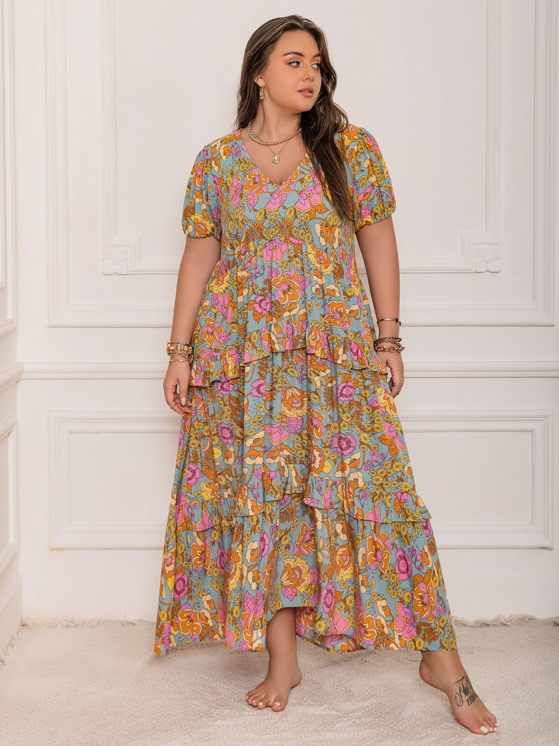 Plus Size Printed V-Neck Short Sleeve Maxi Dress Elegant & Flowy Summer Dress For Girls Stevvex