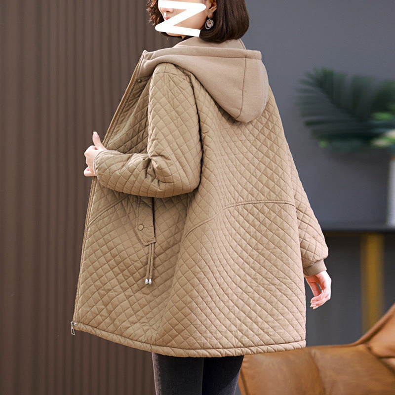 Women's Rhombus Cotton-padded Mid-length Loose Fleece-lined Pi-Mart