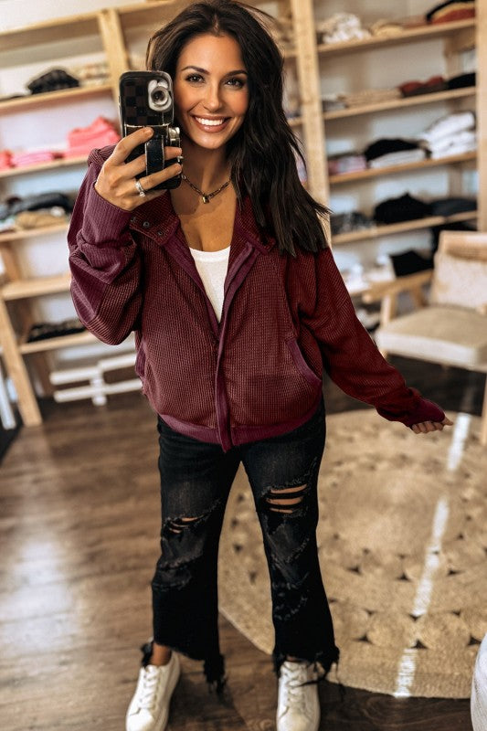 Waffle Zip Up Snap Button Hooded Jacket THRIXINE