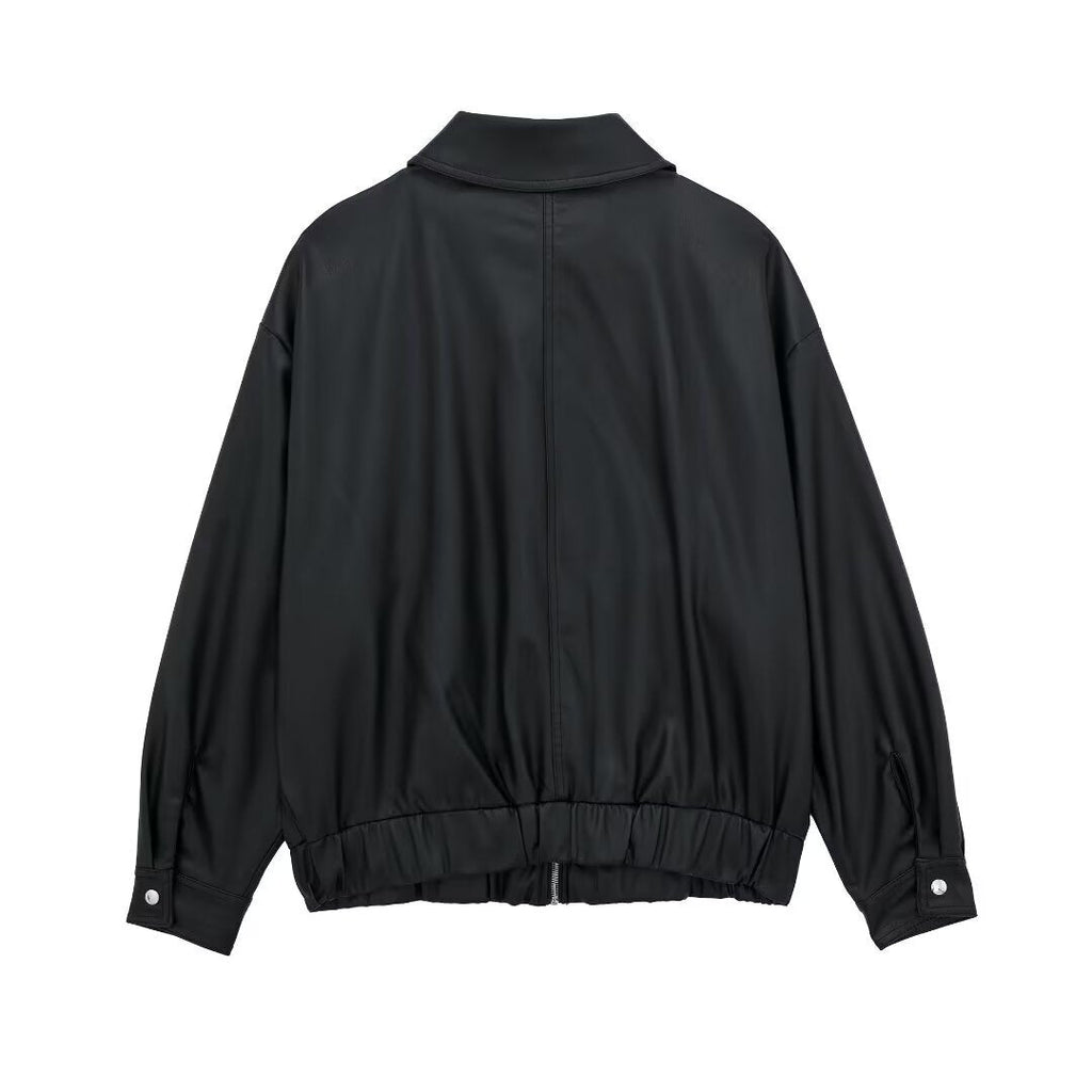Women's Lapel Loose Faux Leather Bomber Jacket Coat Pi-Mart