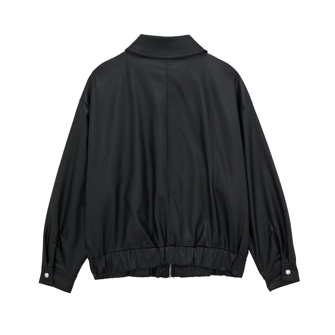 Women's Lapel Loose Faux Leather Bomber Jacket Coat Pi-Mart