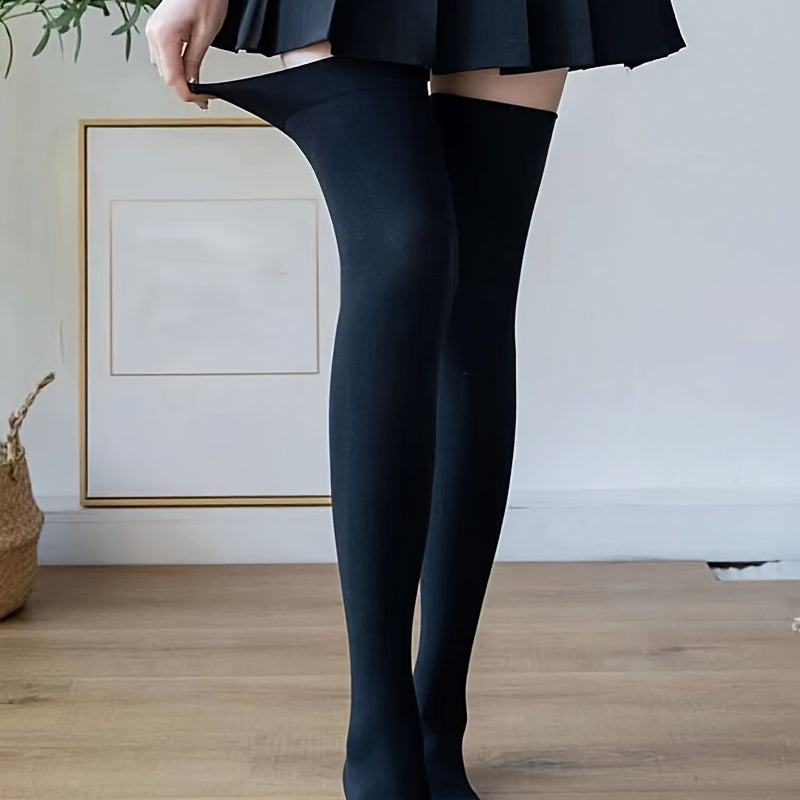 Elastic Solid Thigh High Socks, Japanese Style Over The Knee Socks, Women's Stockings & Hosiery Lootquake LLC