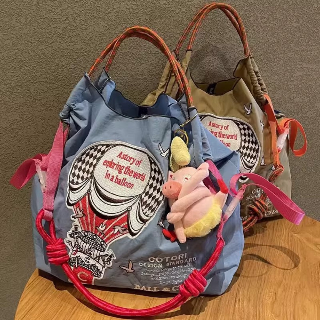 Simple hot air balloon pattern tote bag, embroidered eco-friendly cloth bag for women, nylon portable shoulder bag - SJB-DIAMOND ELITES