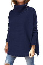 Turtleneck Sweater Mid Length Batwing Sleeve Slit Hem Tunic Pullover Sweaters Winter Tops Women Clothing Pi-Mart